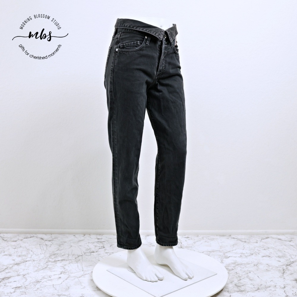 Jean Atelier High Folded Waist Button Fly Straight Leg Jeans Black Gray Women 25